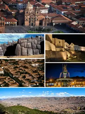 Clockwise from top: Plaza de Armas; Qorikancha; fountain at the Plaza de Armas; aerial view of Cusco; view of colonial houses; and Sacsayhuamán