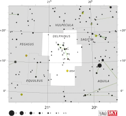 Diagram showing star positions and boundaries of the Delphinus constellation and its surroundings