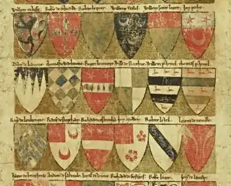 Three examples of coats of arms with crescents from the Dering Roll (c. 1270):  No. 118: Willem FitzLel (sable crusily and three crescents argent); no. 120: John Peche (gules, a crescent or, on a chief argent two mullets gules);  no. 128: Rauf de Stopeham (argent, two (of three) crescents and a canton gules).