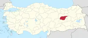 Tunceli highlighted in red on a beige political map of Turkeym