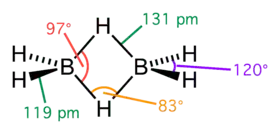 Diborane.  The two central hydrogen atoms are simultaneously bonded to both boron atoms in 3c-2e bonds.