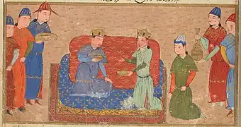 Painting of two men wearing crowns on a couch, with three men on either side looking at them