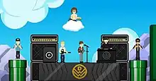 An animation of the band performing on a sunny day on a top of stage with amps behind them.On either sides of the stage are two members making a "W" with their hands and standing on top of green pipes. The drummer is shown floating on a cloud with his drumkit above the stage.