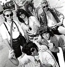 Carl Jah (back row, second from right) as part of the band Dread Zeppelin at the Edwards Drive-In, Arcadia, CA 1989