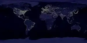 Image 87A composite image of artificial light emissions at night on a map of Earth (from Earth)