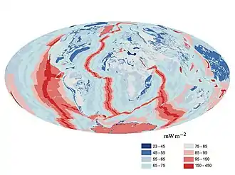 Image 48A map of heat flow from Earth's interior to the surface of Earth's crust, mostly along the oceanic ridges (from Earth)