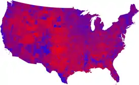 Presidential popular votes by county as a scale from red/Republican to blue/Democratic.