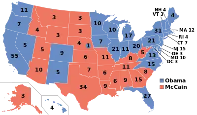 Electoral college map, depicting Obama winning many states in the Northeast, Midwest, and Pacific West, and Florida, and McCain winning many states in the South and Rocky Mountains.