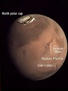 Global view of Mars. InSight landed in Elysium Plantia. Curiosity rover is in Gale crater.