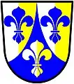 a pile inverted embowed - Paly of four argent and or; issuing in base a pile throughout the sides embowed inwards azure, over all three fleurs de lys, those in chief azure and that in base per pale argent and or - Norton, England