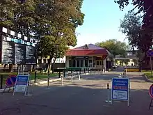 Entrance to Mosfilm Studios with a large clapperboard sign at left.