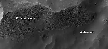 Surface showing appearance with and without mantle covering, as seen by HiRISE, under the HiWish program.  Location is Terra Sirenum in Phaethontis quadrangle.