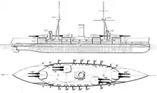 The ship carries four twin-gun turrets, one centered forward, one behind and to the right side of the ship, another further behind and to the left, and the last centered aft. Numerous smaller guns are distributed along the sides of the vessel.