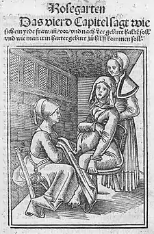 4th Chapter illustration.  A woman giving birth on a birth chair.