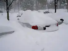 Several automobiles buried up to window height by snow that is still falling