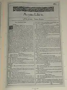 As You Like It', in the First Folio: families associated with the church with a surviving 16th century monument are related to Shakespeare by marriage and are thoght to be memorialised in that play