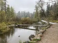 A log bridge over a very small river on an autumnal, cloudy day with flurries of snow