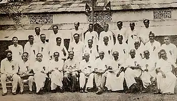 Sitting: Lyallpuri, A. K. Gopalan, Jyoti Basu, Hare Krishna Konar, Muzaffar Ahmad, P. Sundarayya, Harkishan Singh Surjeet, E. M. S. Namboodiripad, M. Basavapunnaiah, Promode Dasgupta, P. Ramamurthi and others 19 leaders. In the first Central Committee meeting of the Communist Party of India (Marxist) held in Tenali, Andhra Pradesh in July 1964