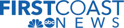 The words "FIRST" and "COAST", directly touching, with "FIRST" bolded, in blue. Beneath, the NBC and ABC logos and the word "NEWS" in blue. Beneath these are the words "ON YOUR SIDE".