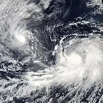 A satellite photo of Tropical Storm Georgette (left) and Tropical Storm Frank (right) both active simultaneously on July 28, 2022.