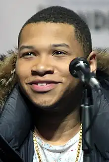 Franz Drameh speaking at the 2016 WonderCon in Los Angeles, California.