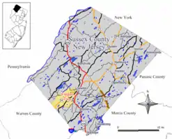 Map of Fredon Township in Sussex County. Inset: Location of Sussex County highlighted in the State of New Jersey.