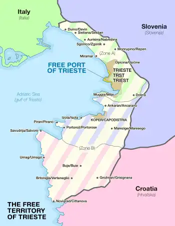 Map of the Free Territory of Trieste, showing its two administrative zones, one of which was later absorbed by each of its two neighbours (Slovenia and Croatia were both part of Yugoslavia at the time).