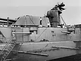 A view of the casemated Pattern 1905 guns amidships aboard the battleship Gangut.