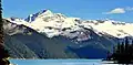 Castle Towers Mountain (left of center), Phyllis's Engine (center), Mt. Carr (right) viewed from Garibaldi Lake. Phyllis's Engine can be seen best when image is enlarged to maximum degree.