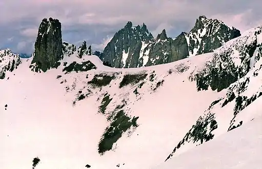 Martin Peak (right) seen with Gilhooley Tower and Mt. Johnson