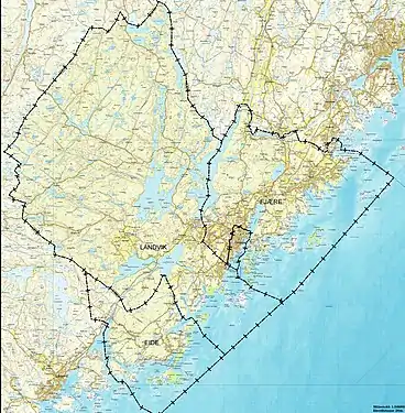 Expansion of Grimstad in 1971: Landvik, Fjære, Eide, and the town of Grimstad were all merged.