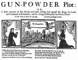 Three illustrations in a horizontal alignment. The leftmost shows a woman praying, in a room. The rightmost shows a similar scene.  The centre image shows a horizon filled with buildings, from across a river. The caption reads "Westminster". At the top of the image, "The Gunpowder Plot" begins a short description of the document's contents.