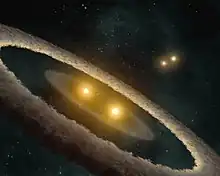 An older artist's impression of the debris disk around HD 98800 B. HD 98800 A is seen in the distance. This impression was created before it was known that the disk is misaligned.