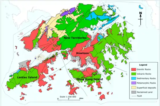 A Geological Map showing the distribution of the types of rocks in Hong Kong. Needle Hill is in the area which shows it consists of mostly granitic rocks.