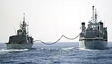 Royal Canadian Navy Frigate HMCS Regina being refueled by AOR HMCS Protecteur in the Pacific Ocean, 2013.