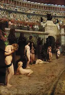  painting of Christian women being martyred for their faith in a colosseum