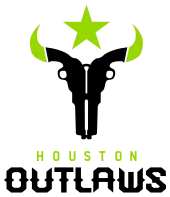 The logo for the Houston Outlaws features two revolvers forming the shape of a longhorn skull in the colors of the team.