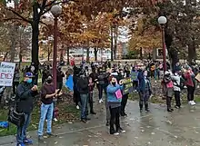  Landscape photo showing protestors demonstrating against retrenchment (lay-offs) at Indiana University of Pennsylvania