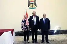 Japanese Imperial Decorations ceremony. Mr. Thamir Ghadhban (middle), Mrs. Ghadhban (left), and Prime Minister Haider al-Abadi (right). May 2016.