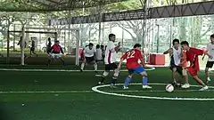 Men playing football on artificial grass pitch.