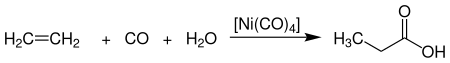 Hydrocarboxylation of ethene with carbon monoxide and water to form propionic acid in the presence of nickel tetracarbonyl as catalyst