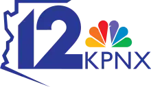 The logo of parent station KPNX. At left, a sans serif 12 partially encased in an outline of the state of Arizona. At right, the NBC peacock and the letters KPNX in a sans serif.