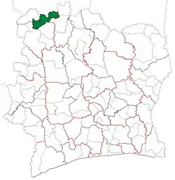 Location in Ivory Coast. Kaniasso Department has retained the same boundaries since its creation in 2011.