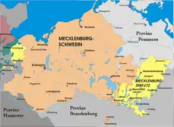 Mecklenburg, divided between Mecklenburg-Schwerin and Mecklenburg-Strelitz, from 1866 to 1934.