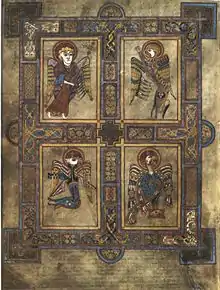 Image 4The symbols of the four Evangelists are here depicted in the Book of Kells. The winged man, lion, eagle and bull symbolize, clockwise from top left, Matthew, Mark, John, and Luke. (from Saint symbolism)