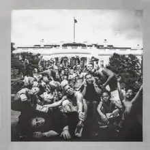 A monochrome image of a group of people pose for a picture in front of the White House, with people holding money and bottles. A man is seen holding a cellphone along with another child pointing out a finger which is seen pixelated, and a judge, seen holding a gavel on his right hand, on the ground on its side with his eyes crossed out.