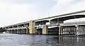 The R. Clayton Mitchell Jr. Bridge (rear) and the Waterman's Memorial Bridge (front) at Kent Narrows