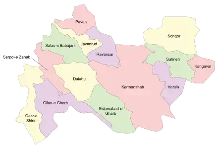 Location of Eslamabad-e Gharb County in Kermanshah province (bottom, green)