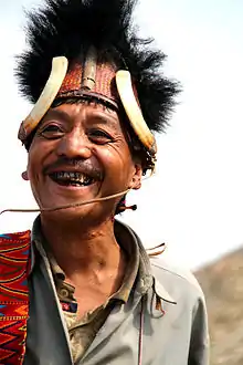 A Konyak chief in his traditional outfit