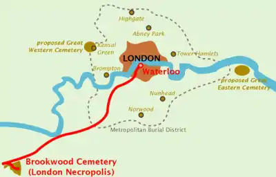 Map of a city surrounded by small cemeteries, and two larger proposed cemeteries slightly further out. A railway line runs from the city to a single large cemetery to the southwest, a long way further out.